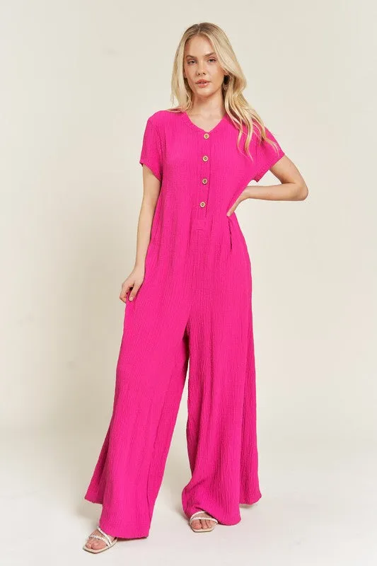 Loose Fit Fuschia Pink Textured Short Sleeve Jumpsuit