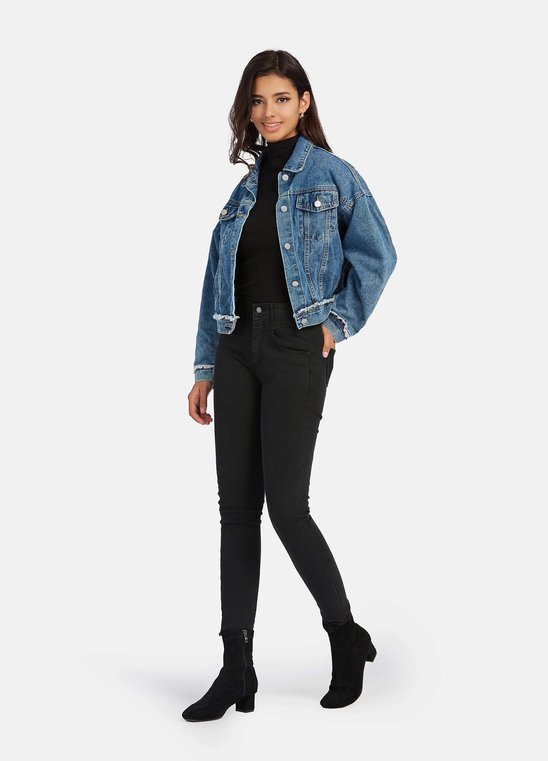 MECALA Women's Fall Drop Shoulder Denim Jacket with Pockets