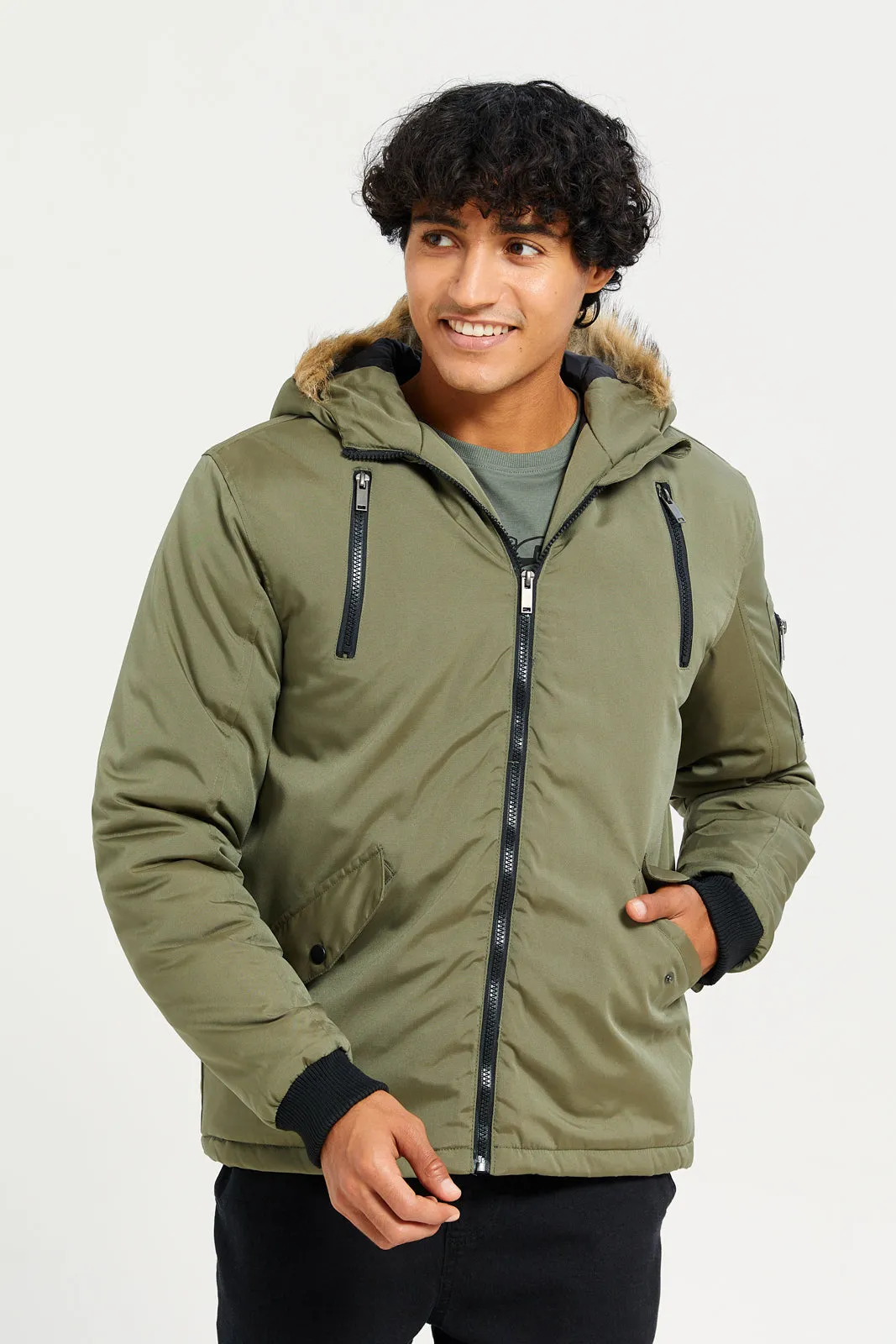 Men Green Hooded Jacket