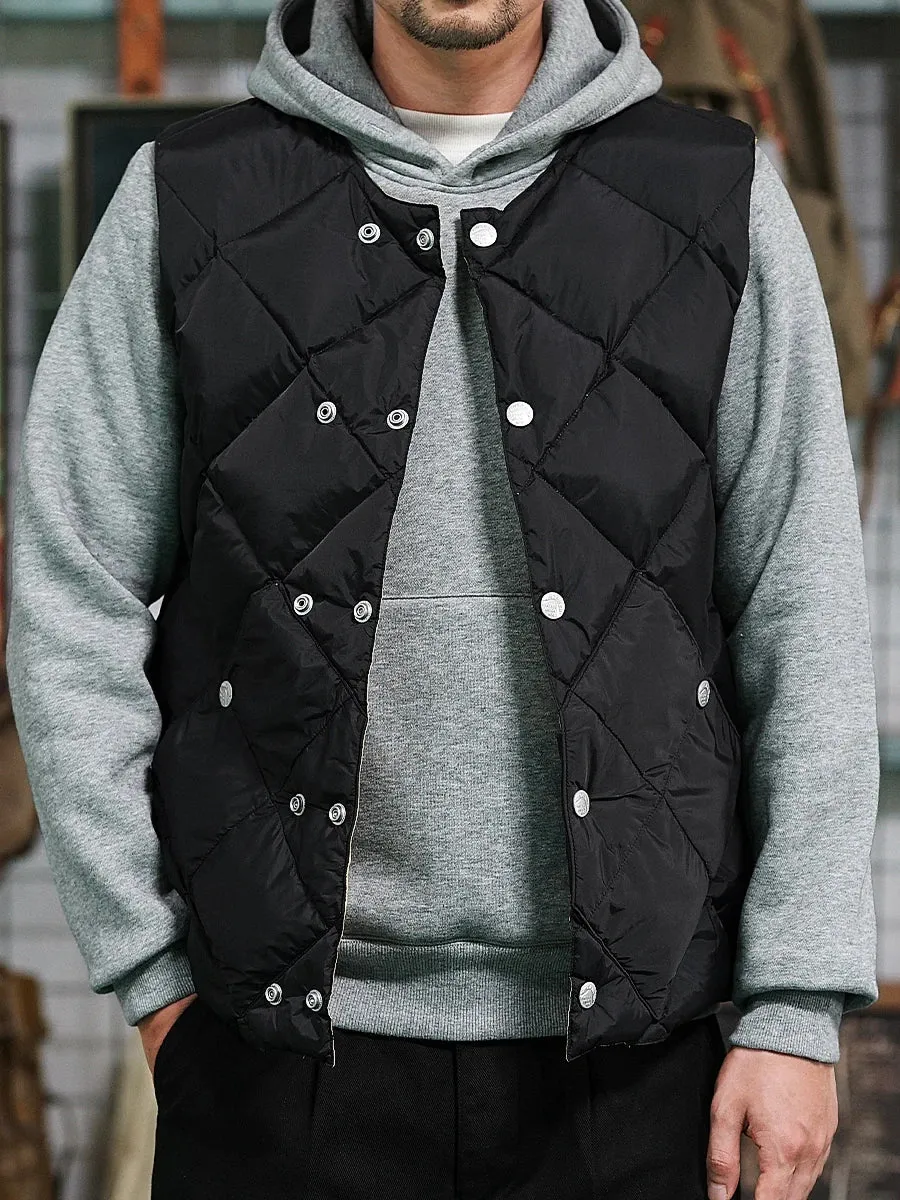 Men's Slim Fit Down Vest - Black Khaki Quilted Sleeveless Jacket