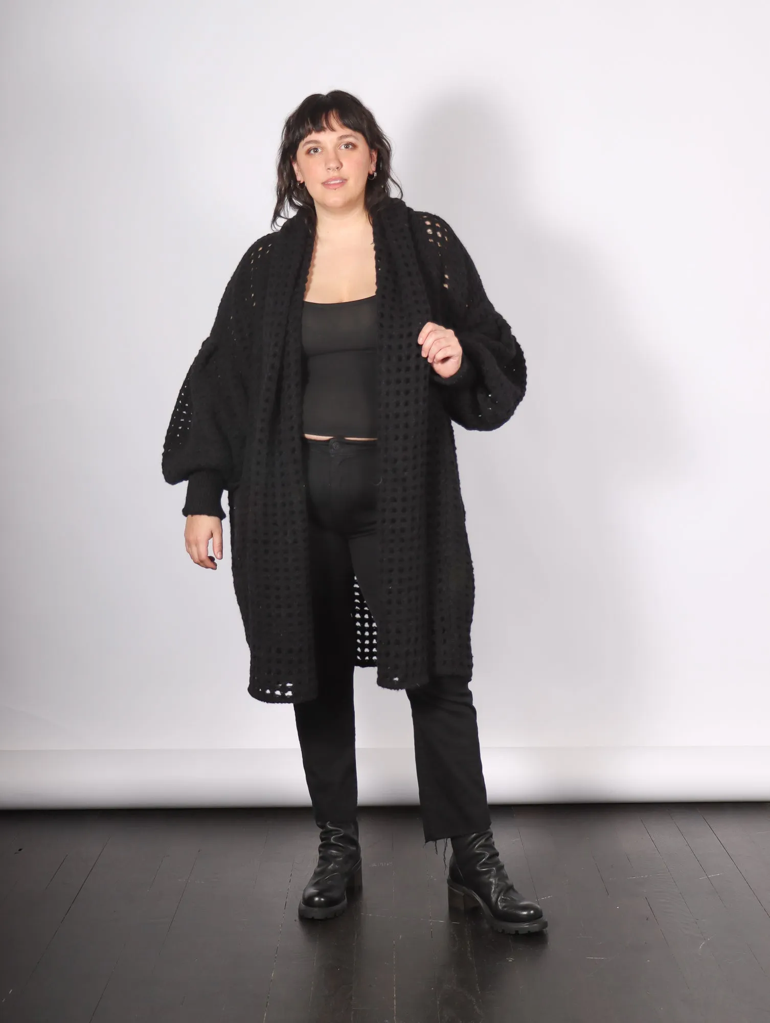 Mesh Balloon Sleeve Coatigan in Black by Amano by Lorena Laing