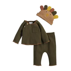 MUD Green Waffle Shirt and Pant Set with Turkey Hat