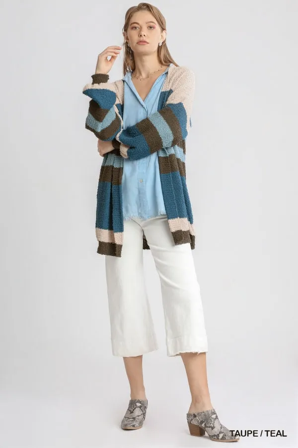 Multicolored Striped Cardigan - blue/taupe