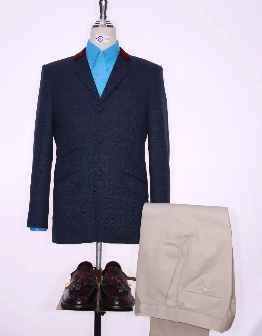 Navy Blue Windowpane Check Tweed Jacket Size 38R