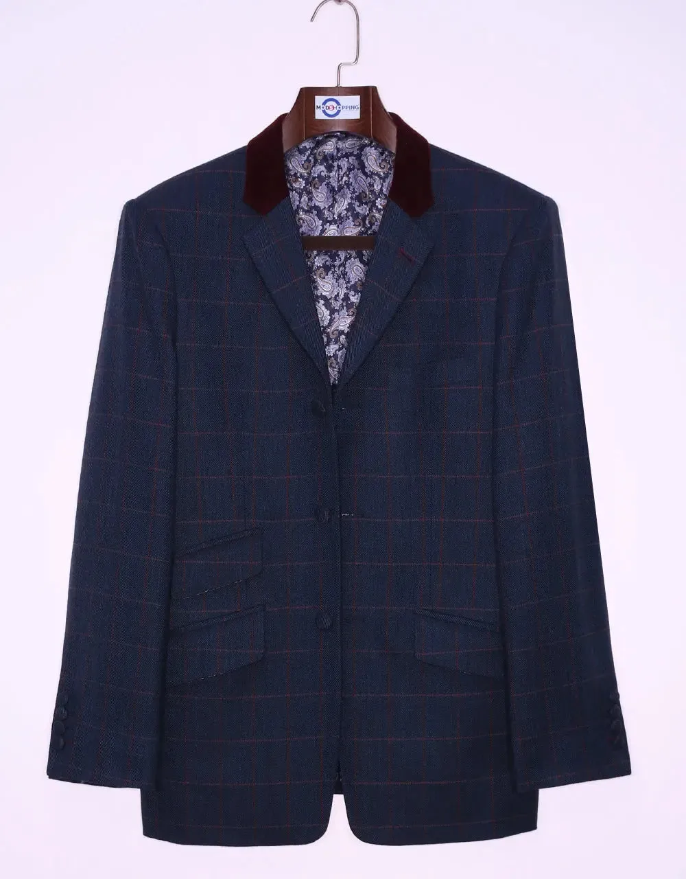 Navy Blue Windowpane Check Tweed Jacket Size 38R