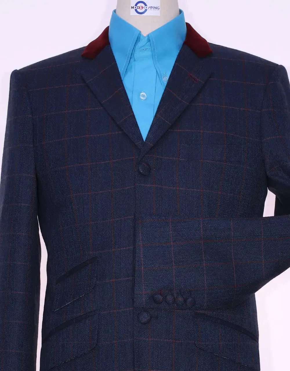 Navy Blue Windowpane Check Tweed Jacket Size 38R