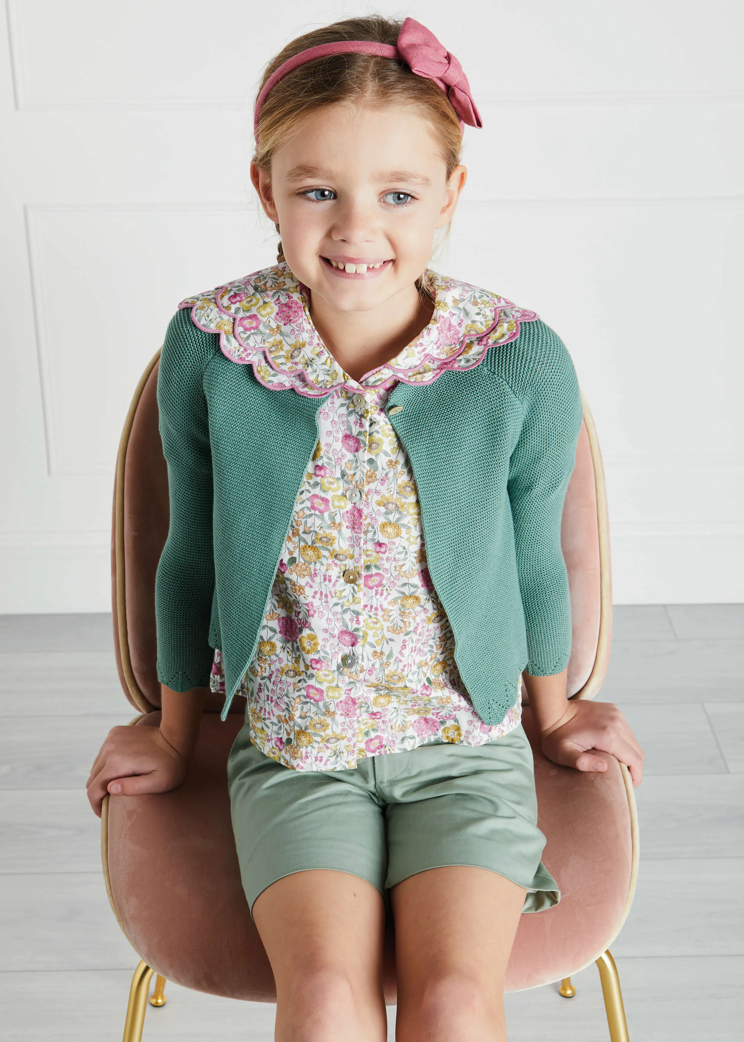 Openwork Hem Single Button Cardigan in Green (6mths-10yrs)