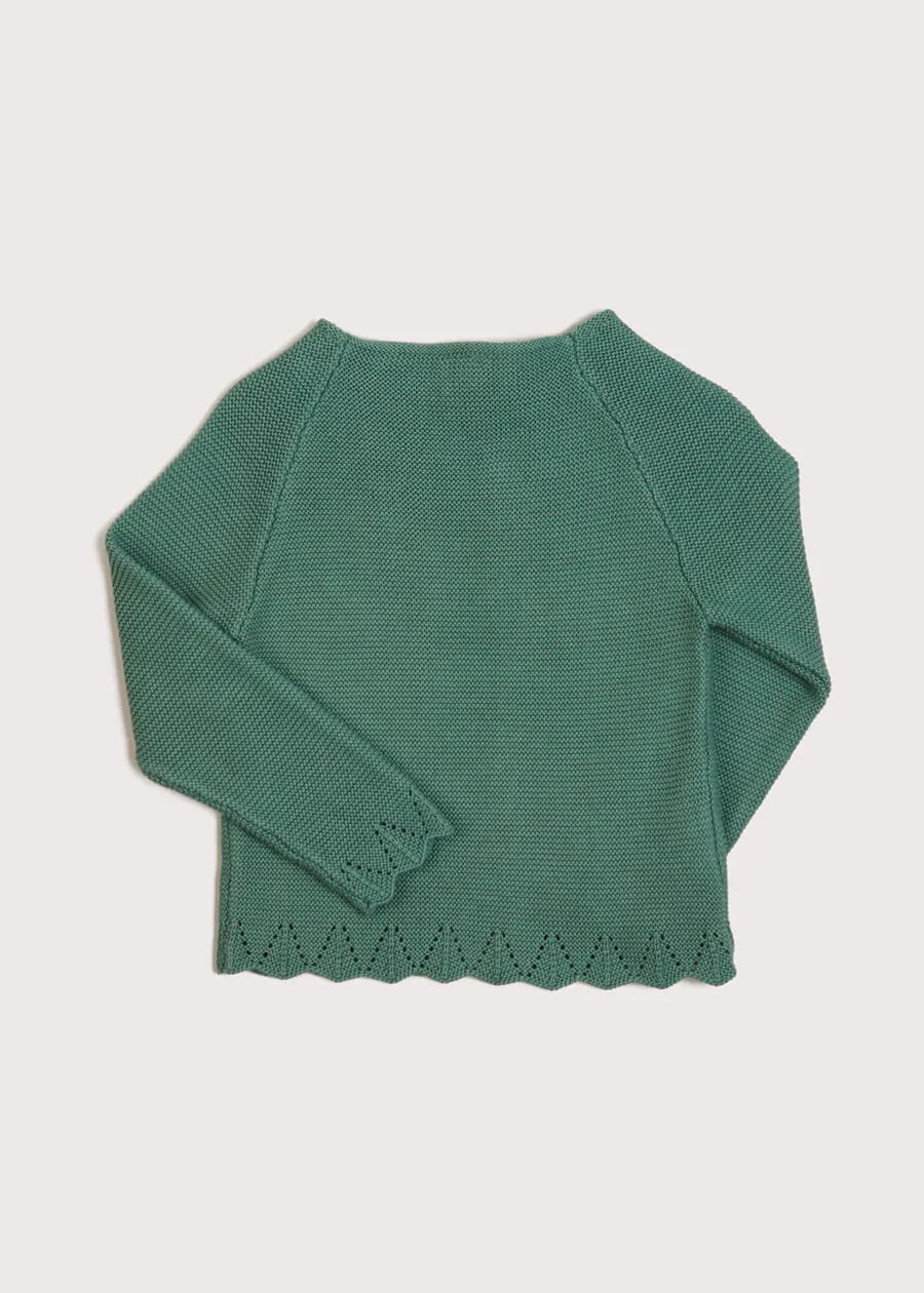 Openwork Hem Single Button Cardigan in Green (6mths-10yrs)