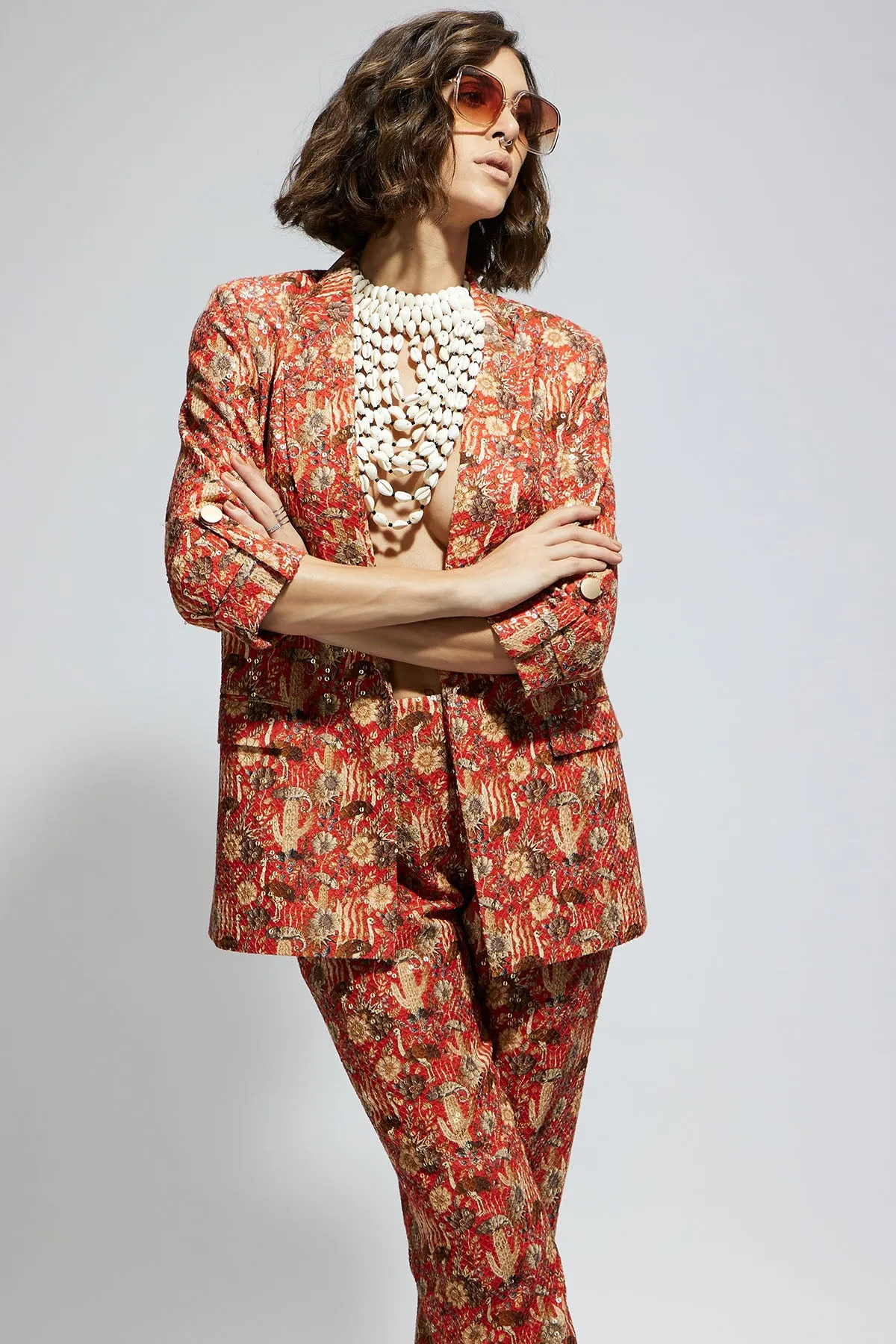 Orange Jaal Embellished Blazer Set