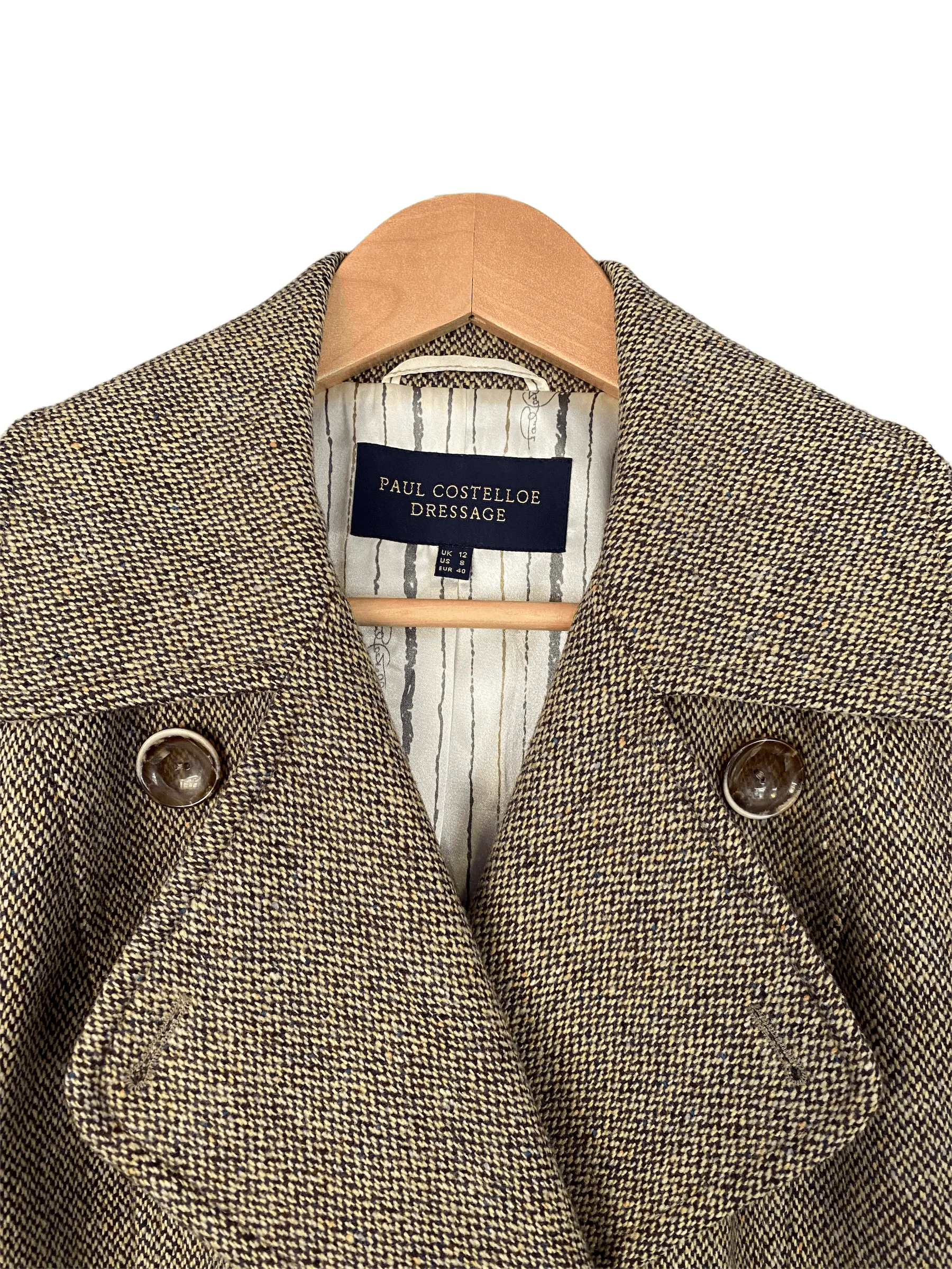 Paul Costelloe Dressage Brown Tweed Wool Jackets Double Breasted UK Size 12