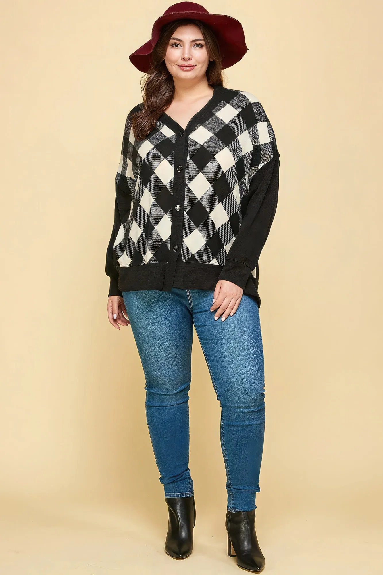 Plus Size Women Buffalo Plaid Knit Button Up Oversize Cardigan