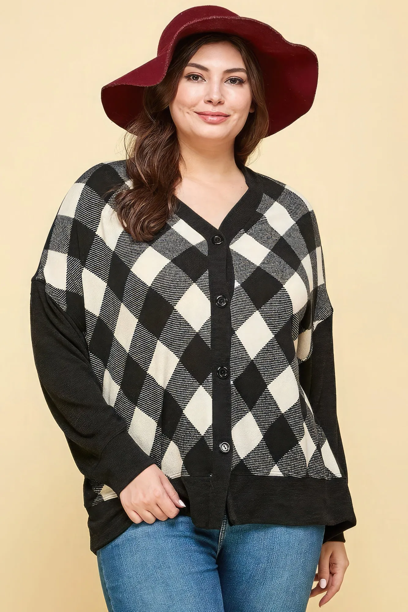 Plus Size Women Buffalo Plaid Knit Button Up Oversize Cardigan