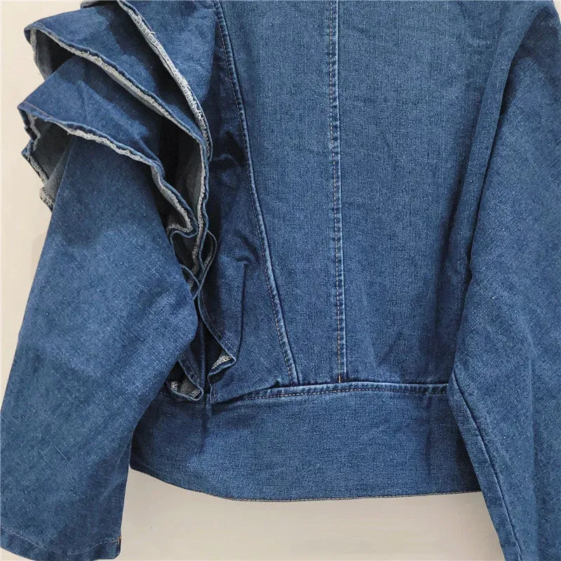 Pre Order:  V-Neck Ruffle Edge Denim Jacket