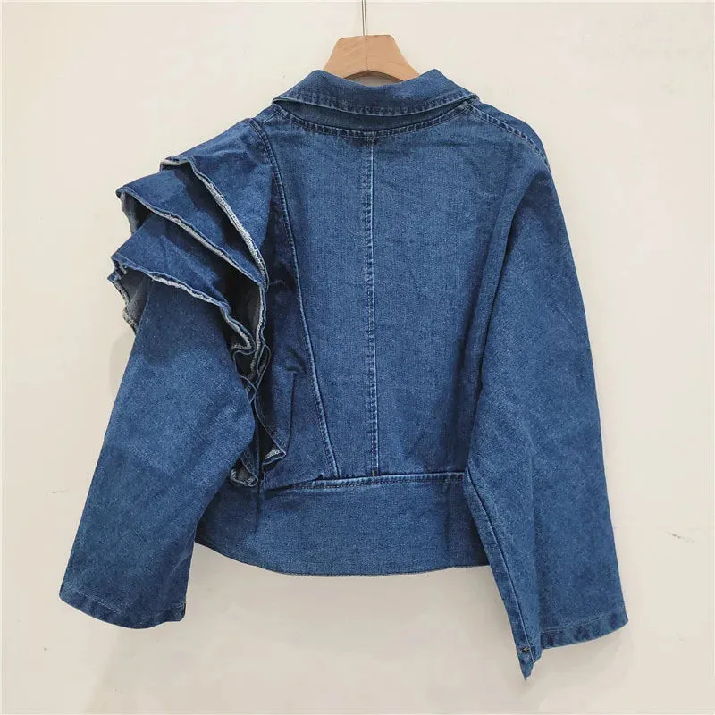 Pre Order:  V-Neck Ruffle Edge Denim Jacket