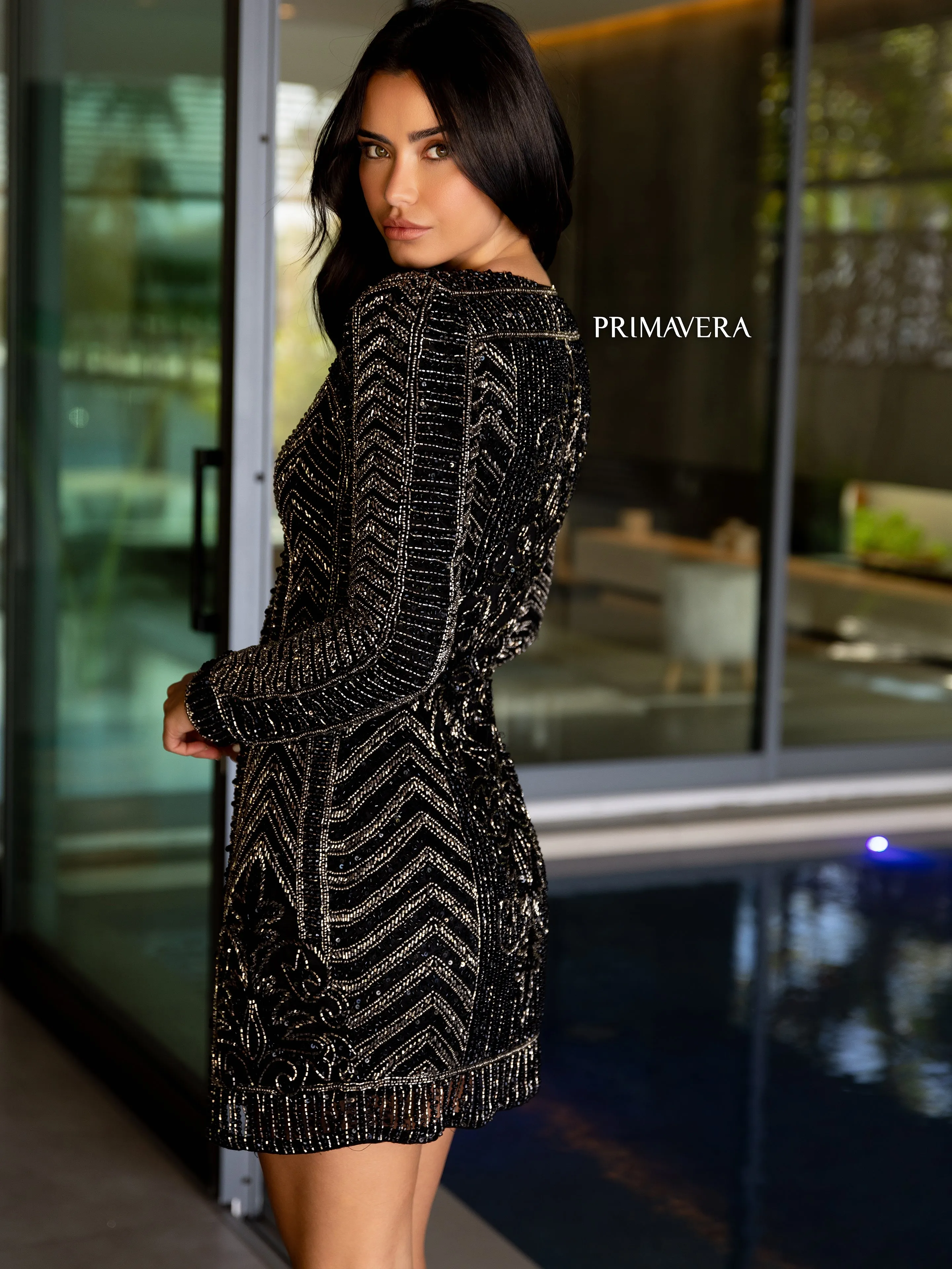 Primavera Couture 12076 2 Piece Long Sleeve Beaded Romper Jacket Formal Jumpsuit