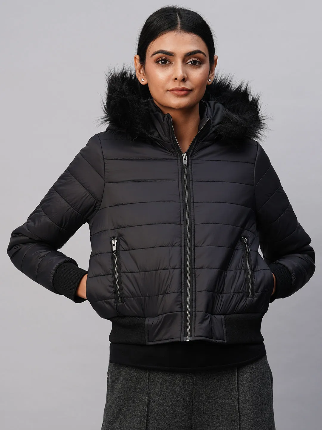 PUFFER BOMBER W/ FAUX FUR LINED HOODIE