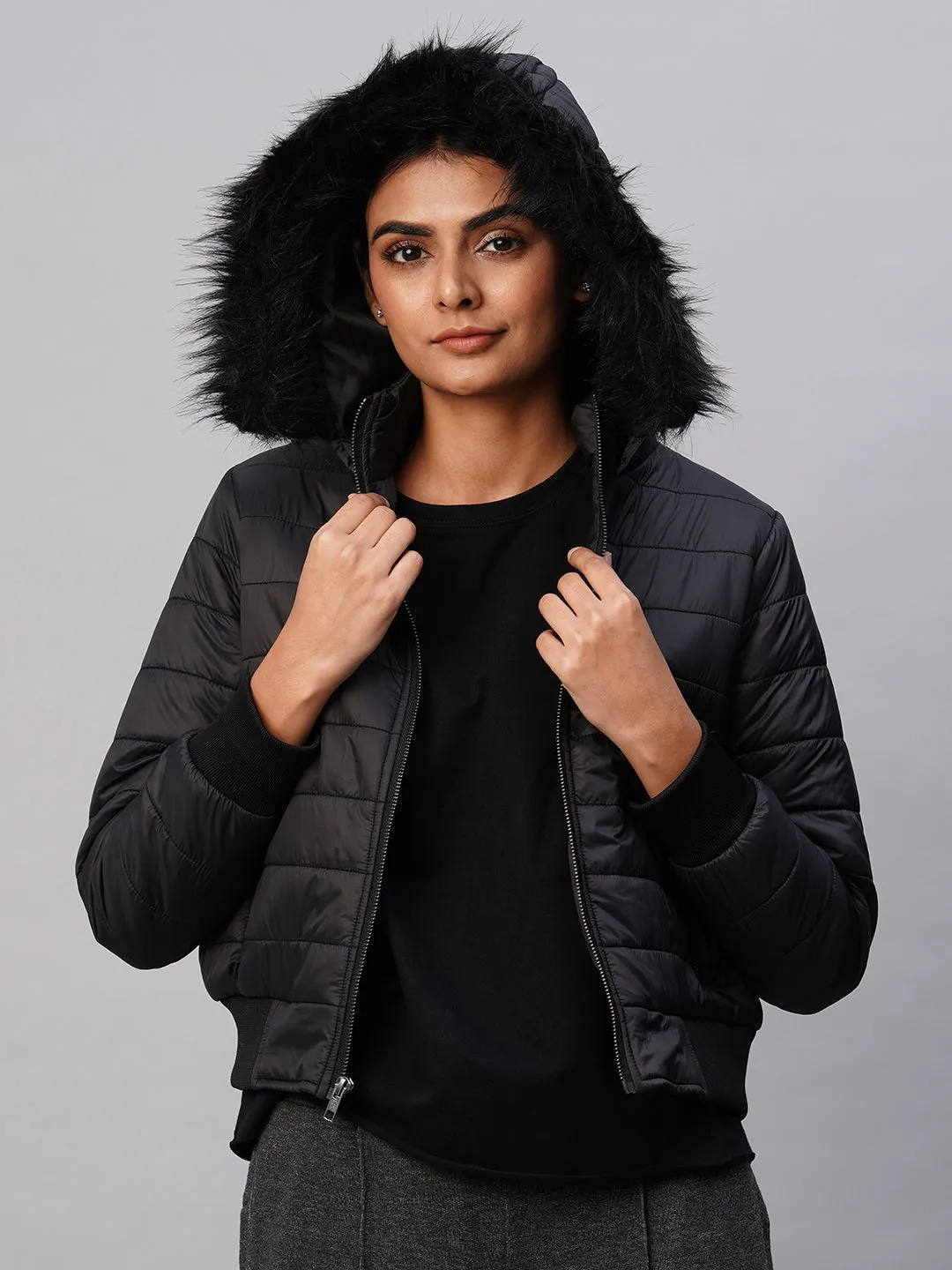 PUFFER BOMBER W/ FAUX FUR LINED HOODIE