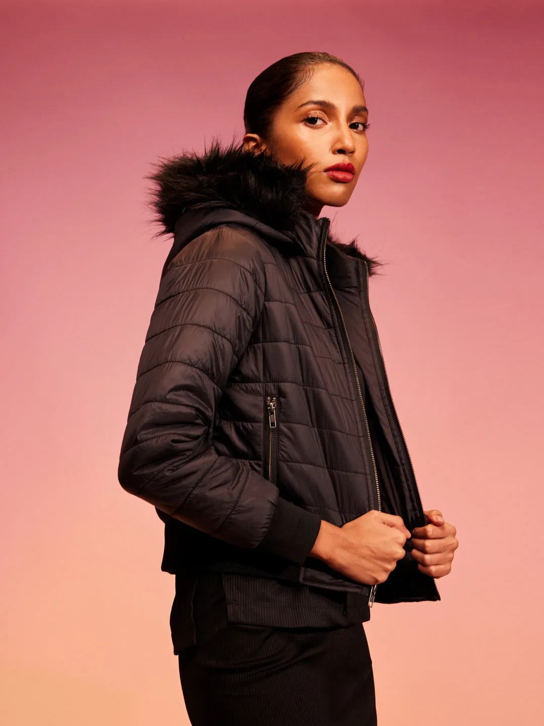 PUFFER BOMBER W/ FAUX FUR LINED HOODIE