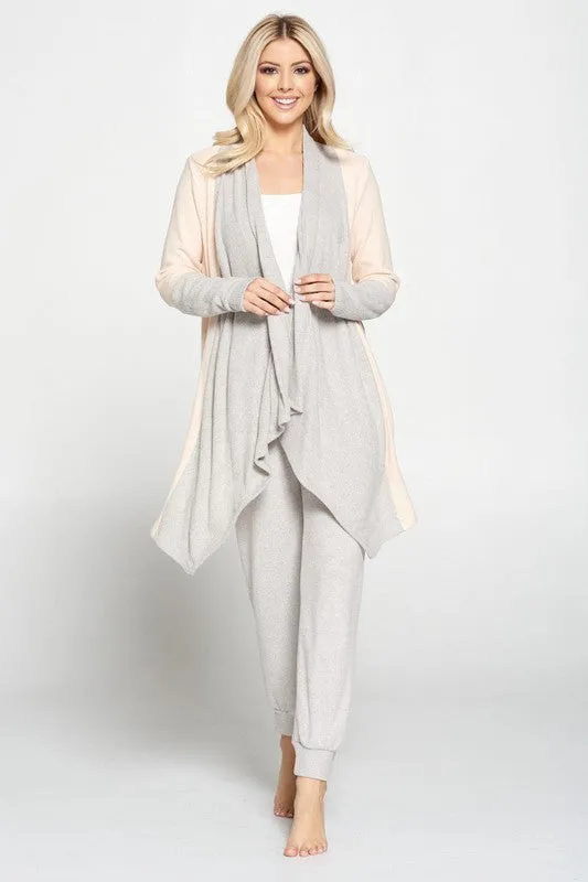 Rib Open Draped Cardigan With Color Block Sleeve