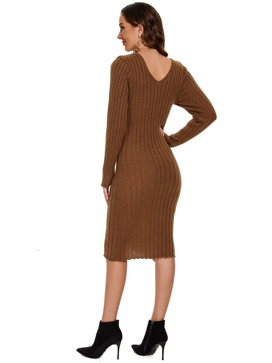 Ribbed Long Sleeve V-Neck Bodycon Knit Sweater Dress