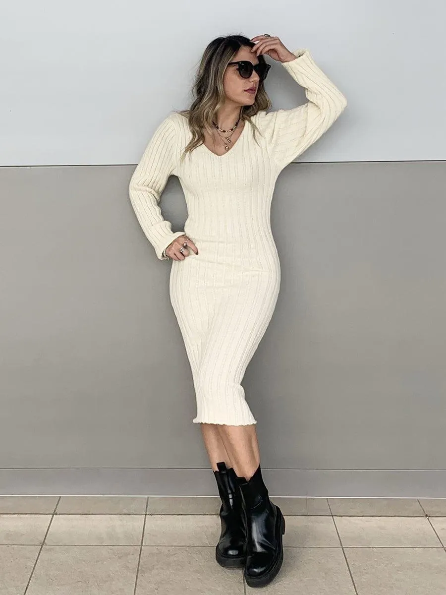 Ribbed Long Sleeve V-Neck Bodycon Knit Sweater Dress