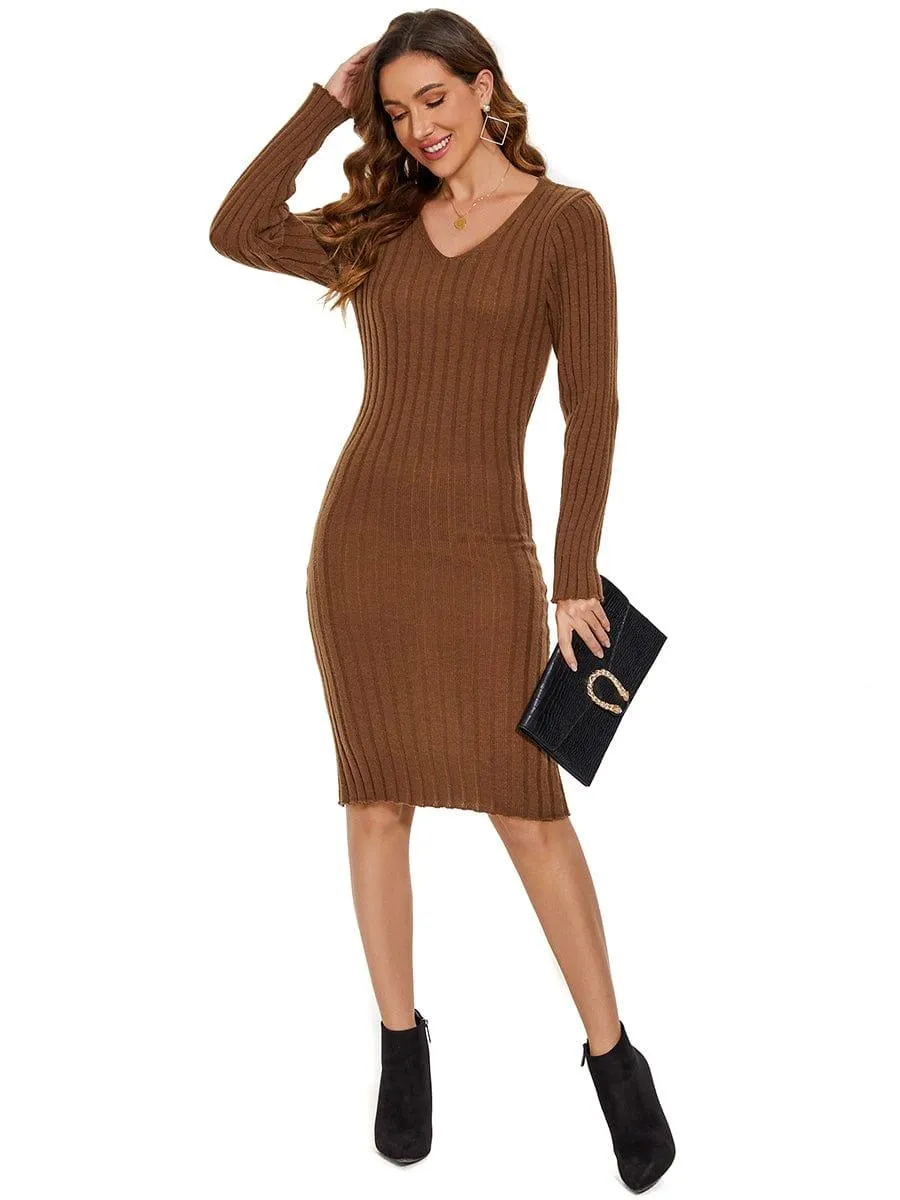 Ribbed Long Sleeve V-Neck Bodycon Knit Sweater Dress