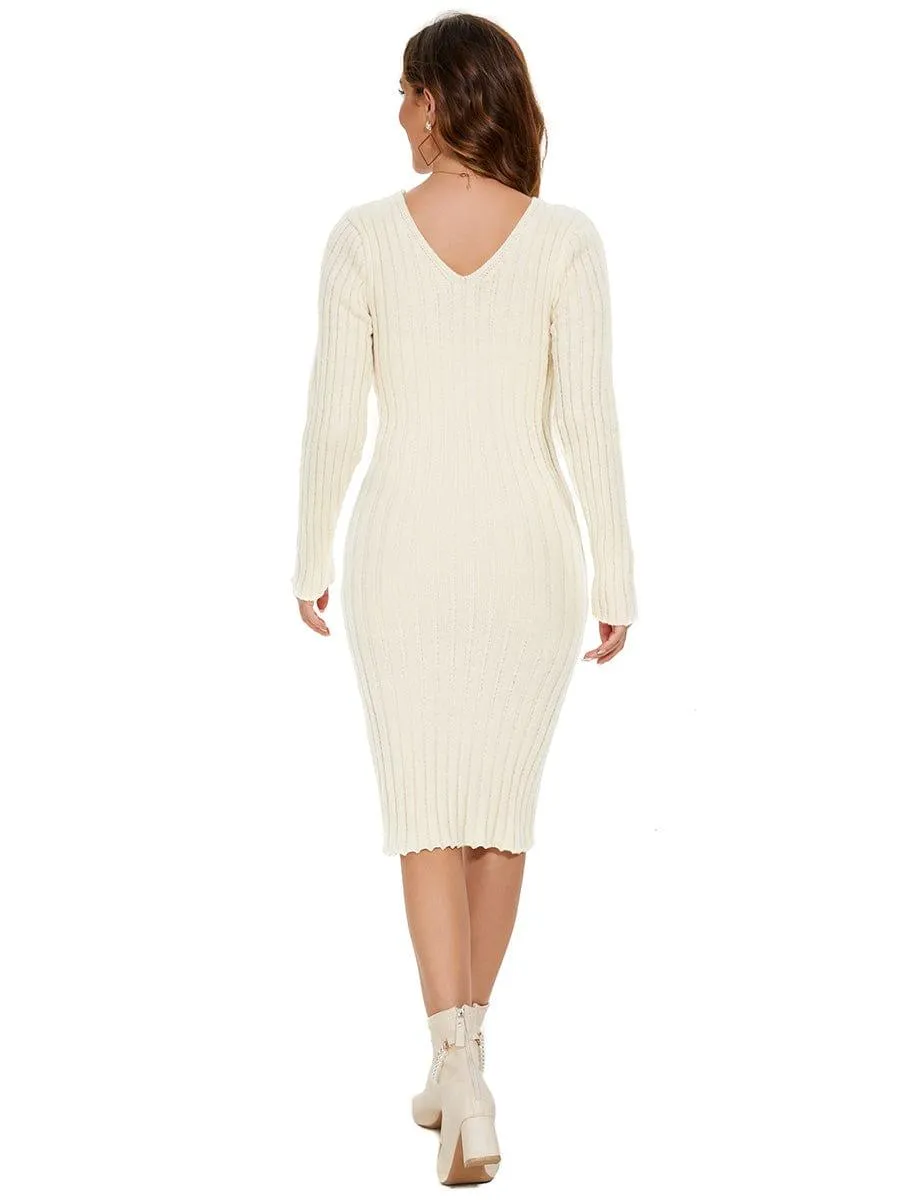 Ribbed Long Sleeve V-Neck Bodycon Knit Sweater Dress