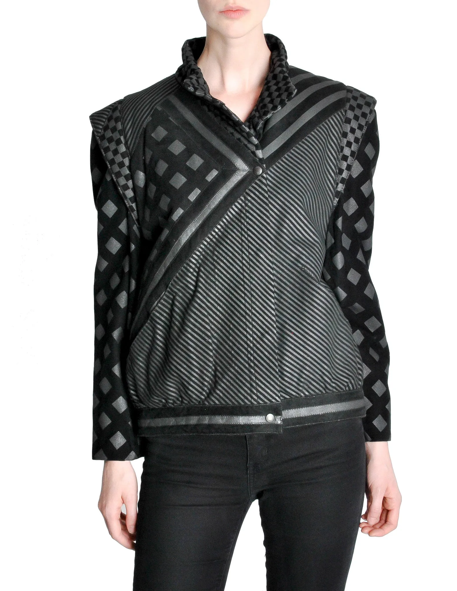 Roberto Cavalli Vintage Black & Grey Geometric Print Leather Jacket