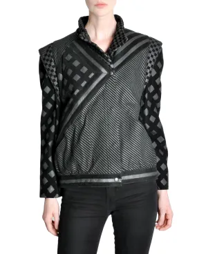 Roberto Cavalli Vintage Black & Grey Geometric Print Leather Jacket