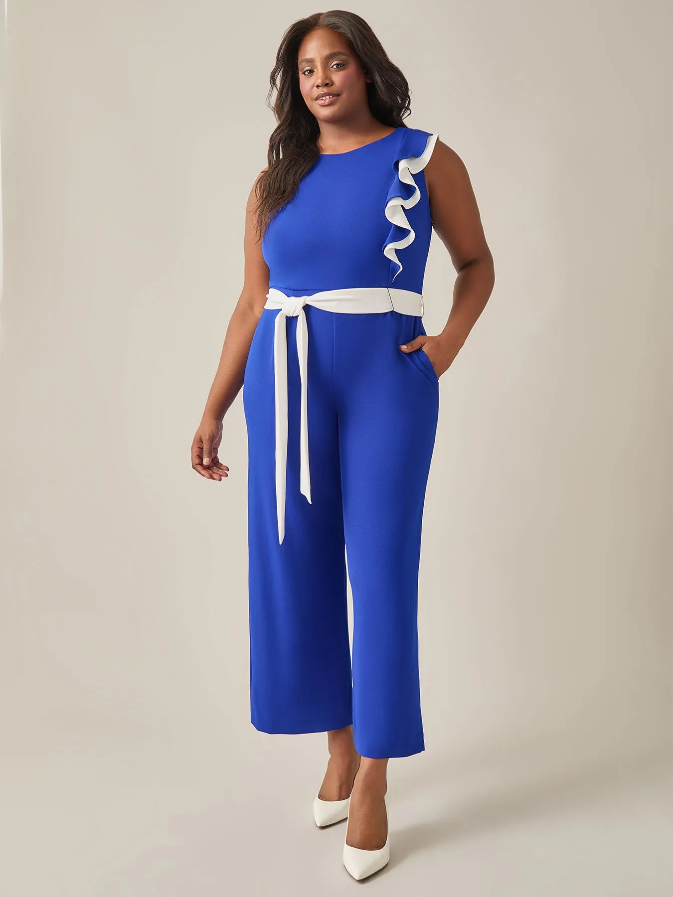 Ruffle Shoulder Jumpsuit, Royal Signature