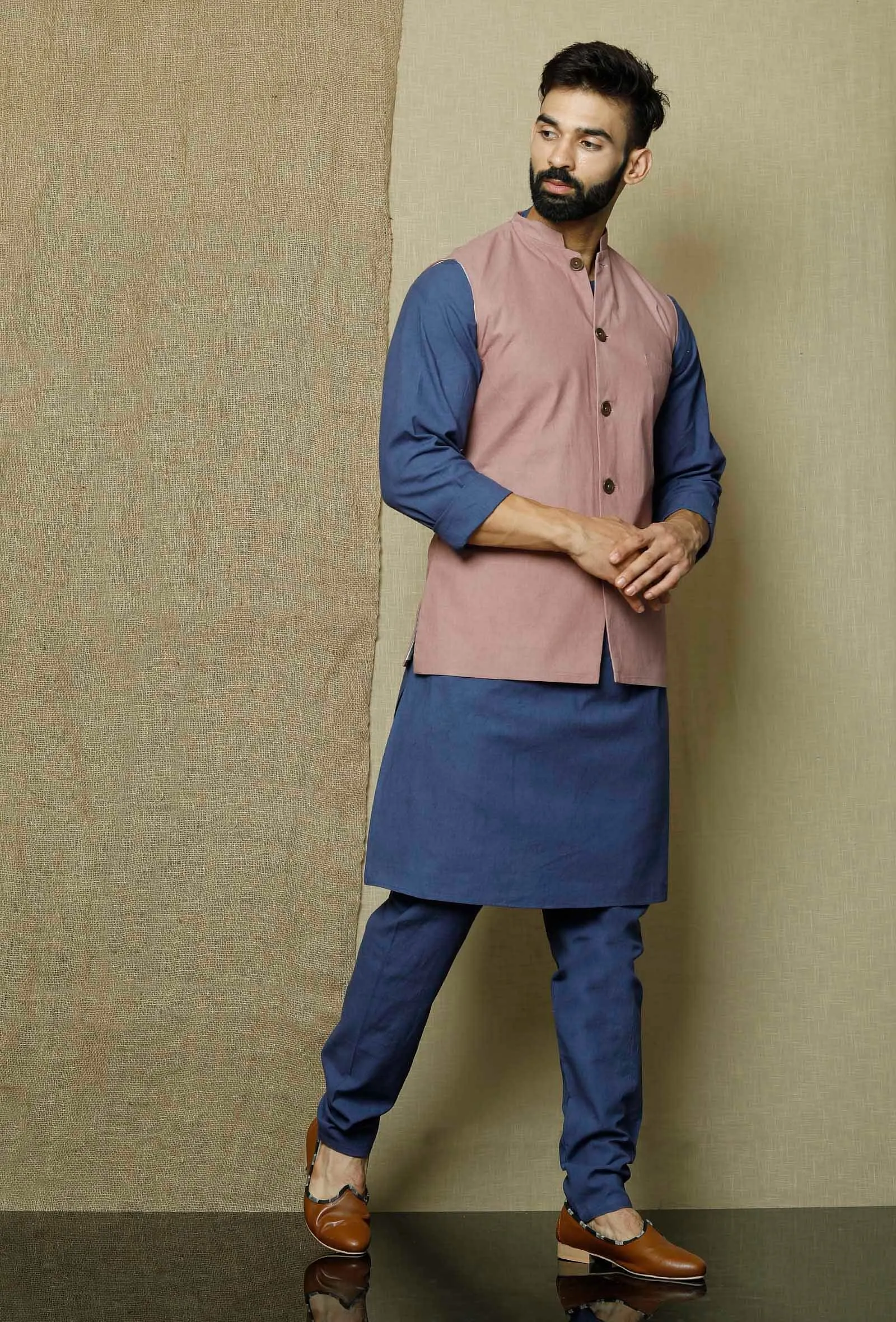 Set of 3:Ocean Blue Side Placket  Kurta and Pyjama with Muted Lavender Nehru Jacket