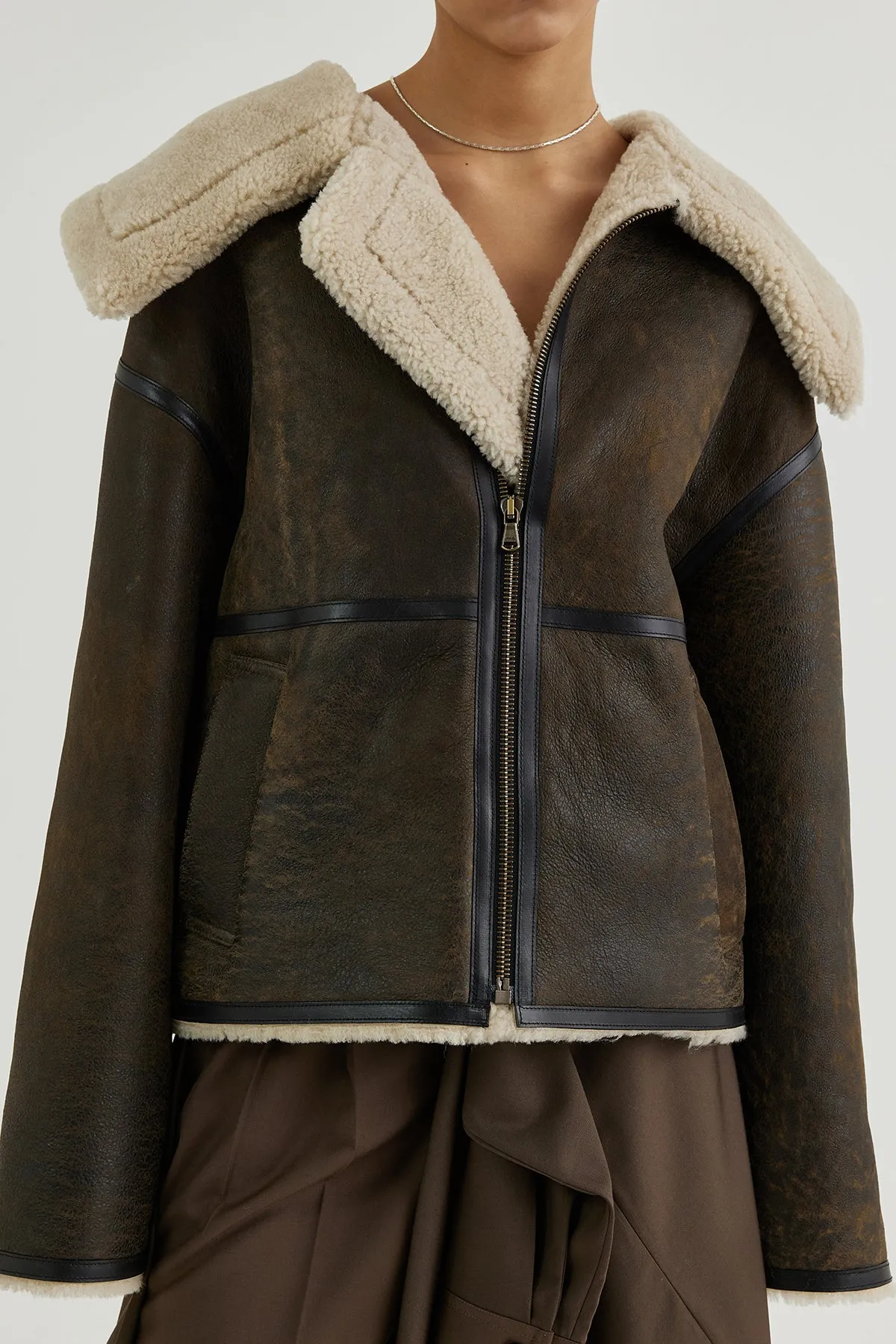 Shearling-lined aviator leather jacket