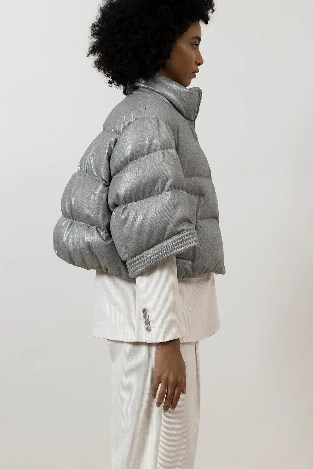 Short down jacket in laminated viscose blend flannel