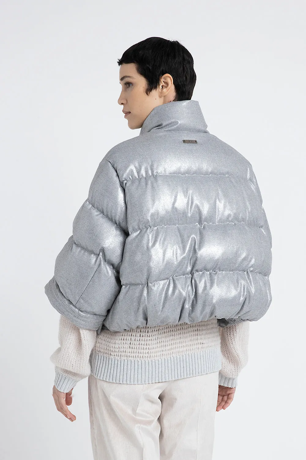 Short down jacket in laminated viscose blend flannel