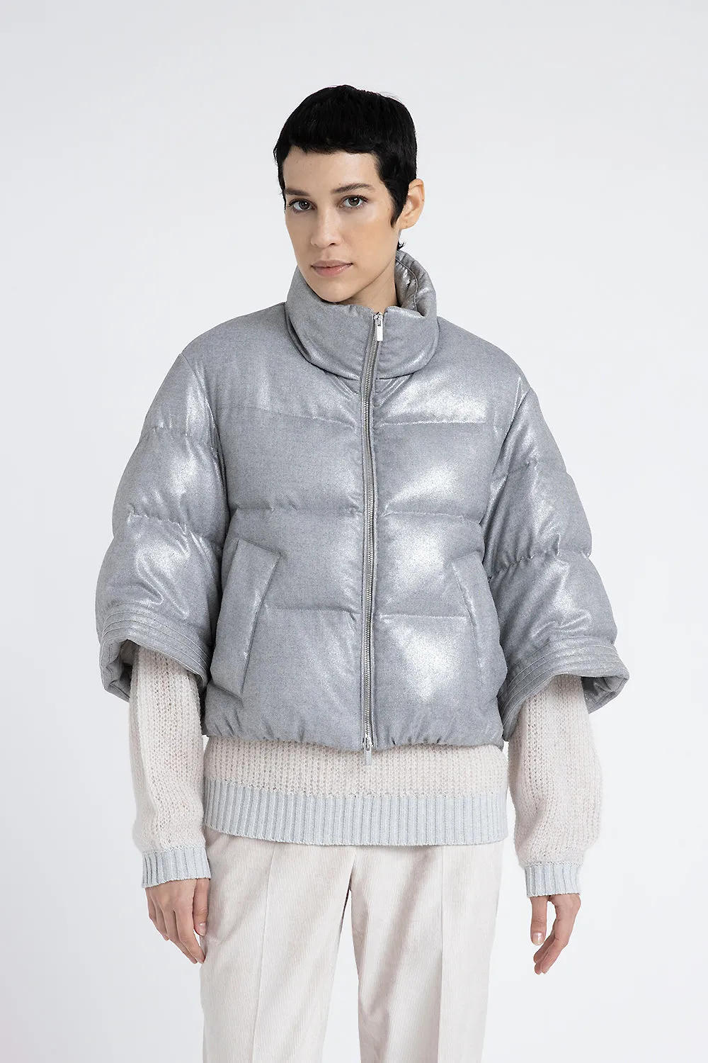 Short down jacket in laminated viscose blend flannel