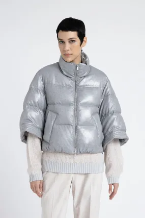 Short down jacket in laminated viscose blend flannel