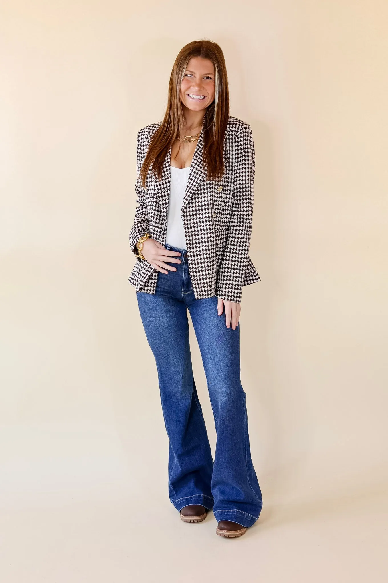 Shot Of Espresso Houndstooth Blazer with Gold Buttons in Brown