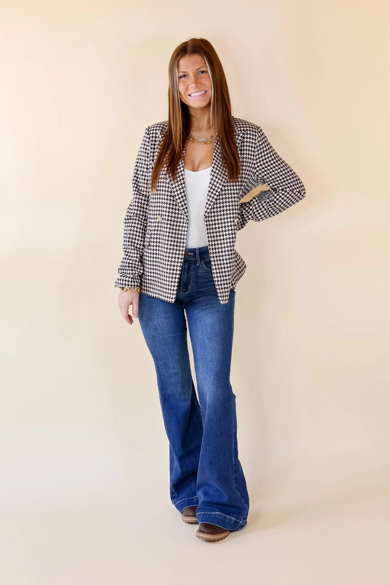 Shot Of Espresso Houndstooth Blazer with Gold Buttons in Brown