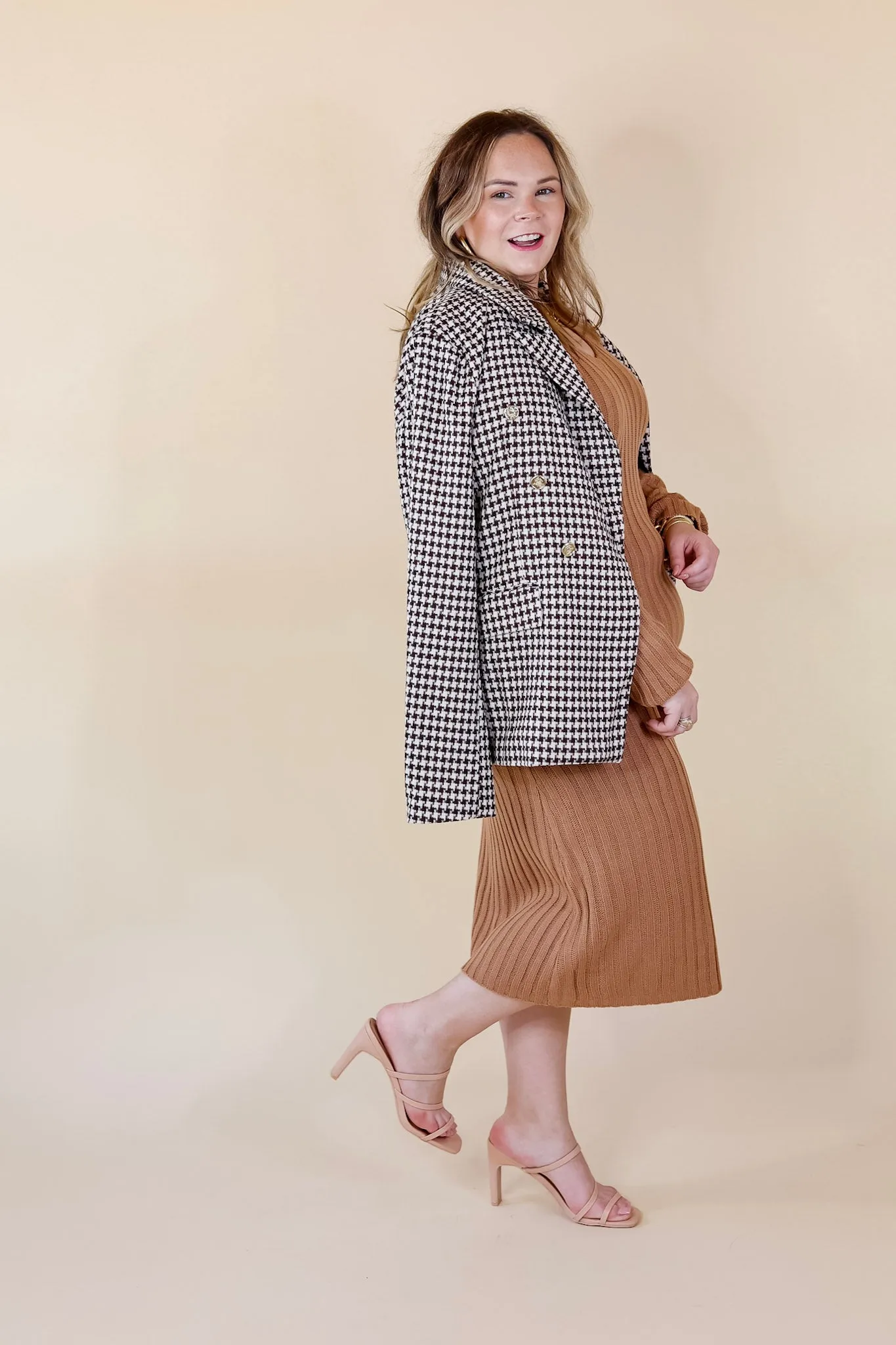 Shot Of Espresso Houndstooth Blazer with Gold Buttons in Brown