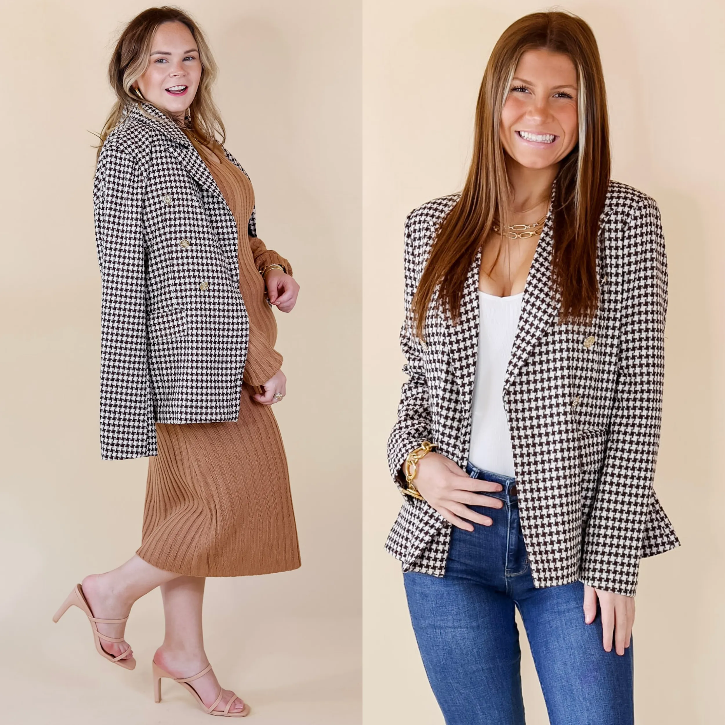 Shot Of Espresso Houndstooth Blazer with Gold Buttons in Brown