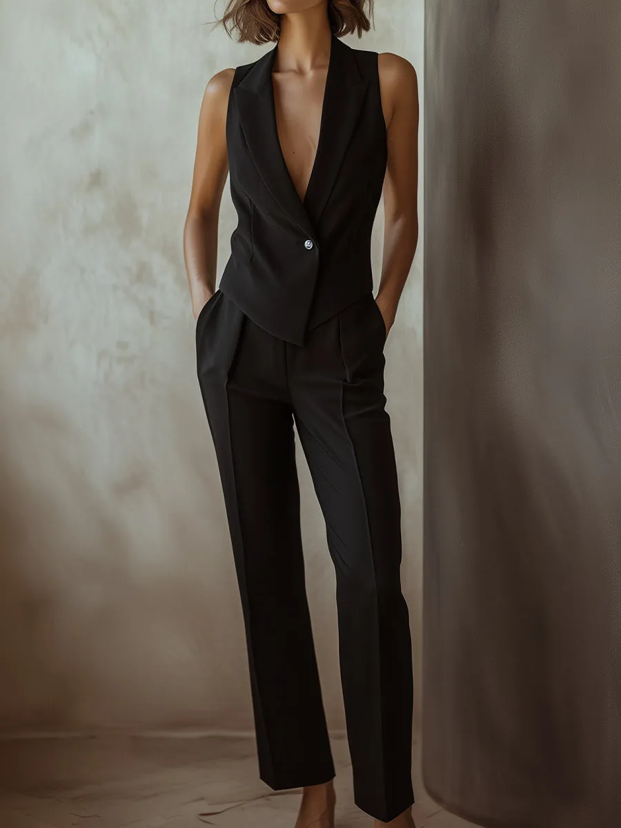 Sleek Black Sleeveless Blazer and Tailored Trousers