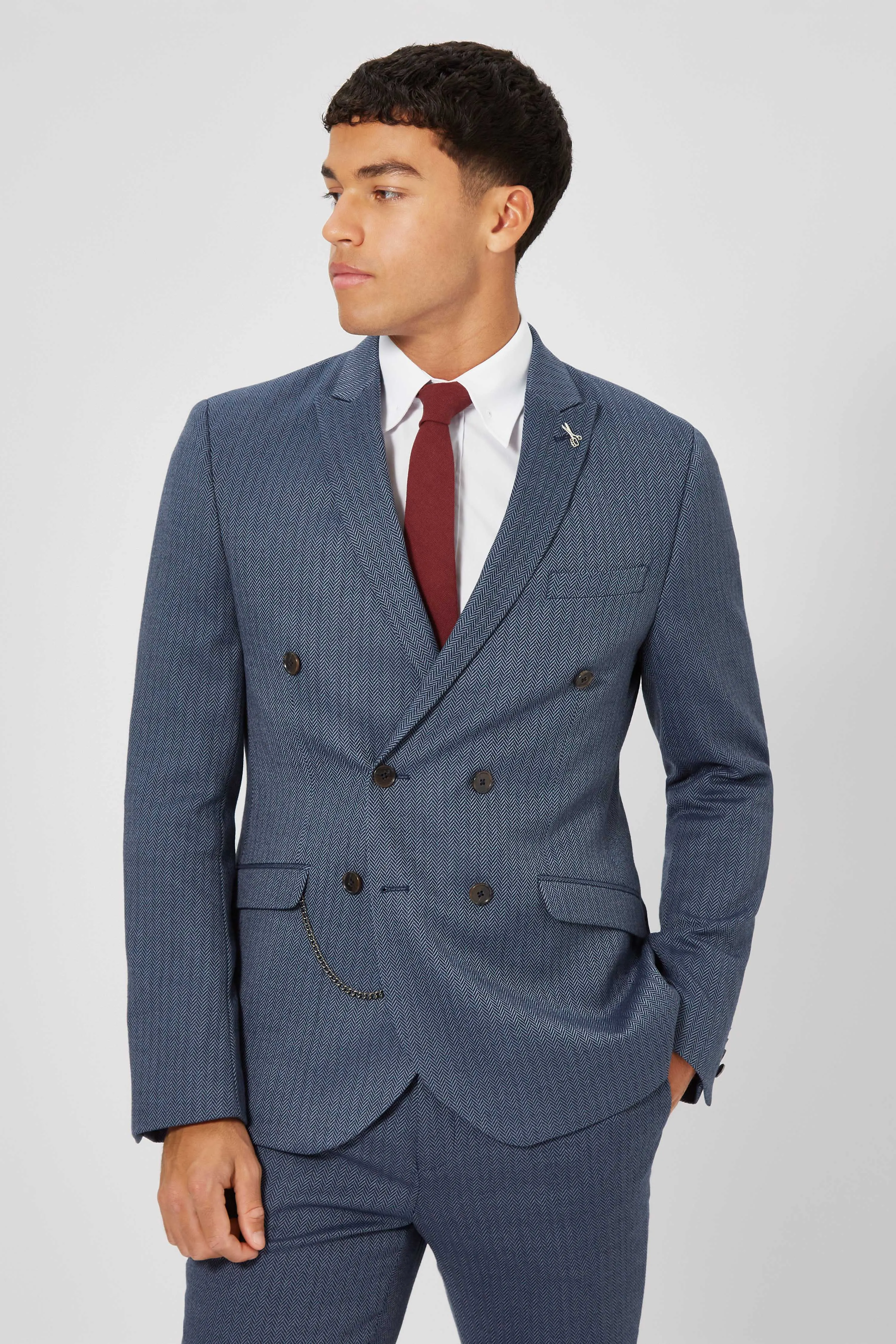 Stamford Slim Fit Blue Herringbone Double Breasted Jacket - ARCHIVE