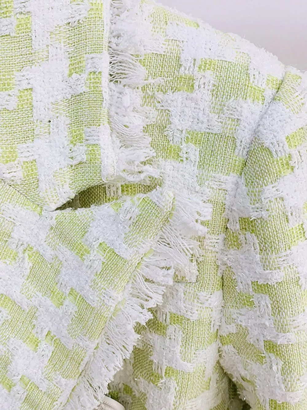 Tassel Fringed Houndstooth Blends Tweed Blazer in Lime