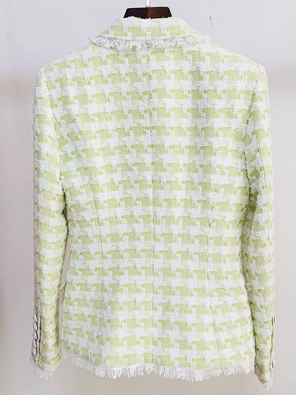 Tassel Fringed Houndstooth Blends Tweed Blazer in Lime