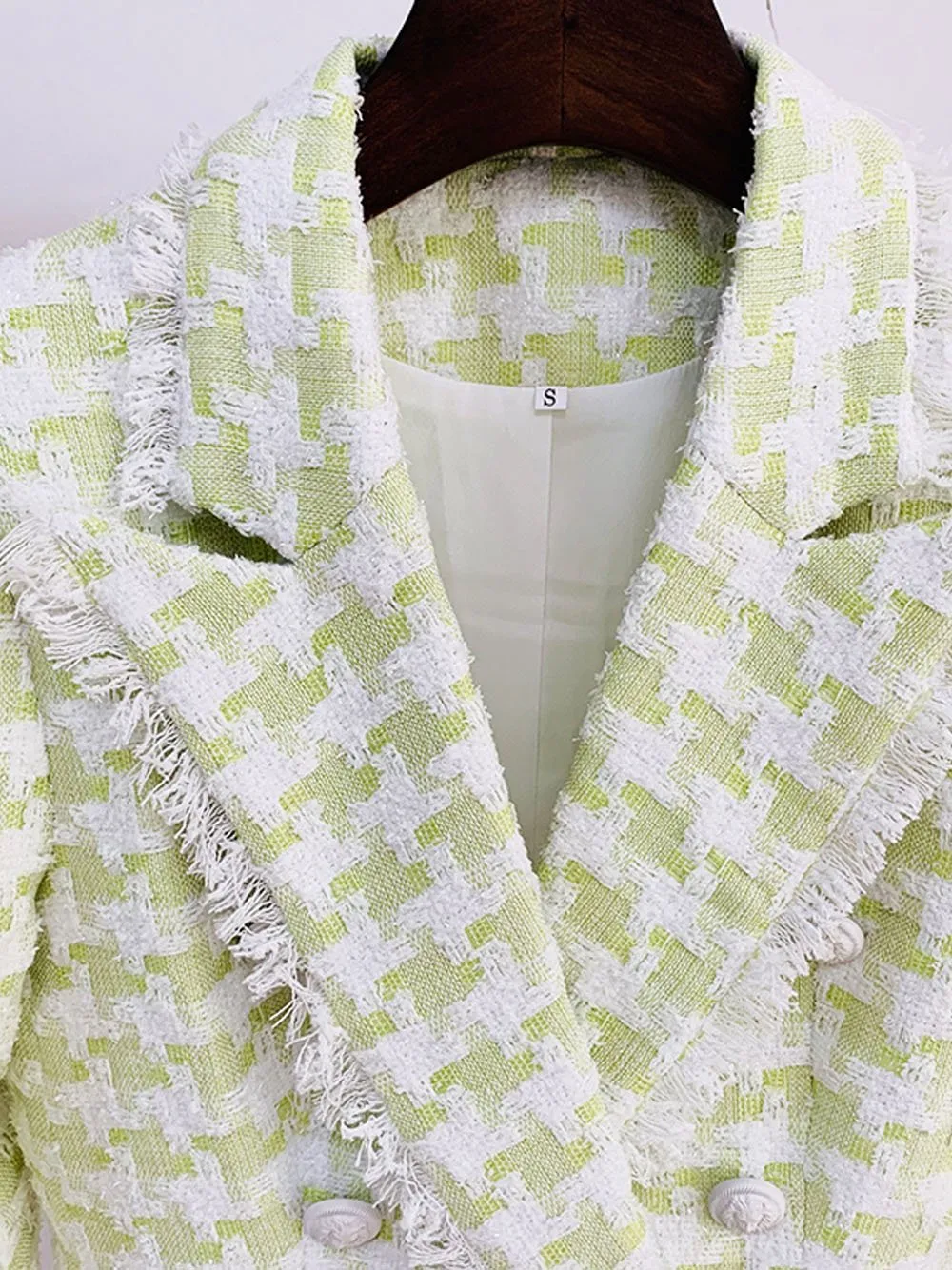 Tassel Fringed Houndstooth Blends Tweed Blazer in Lime