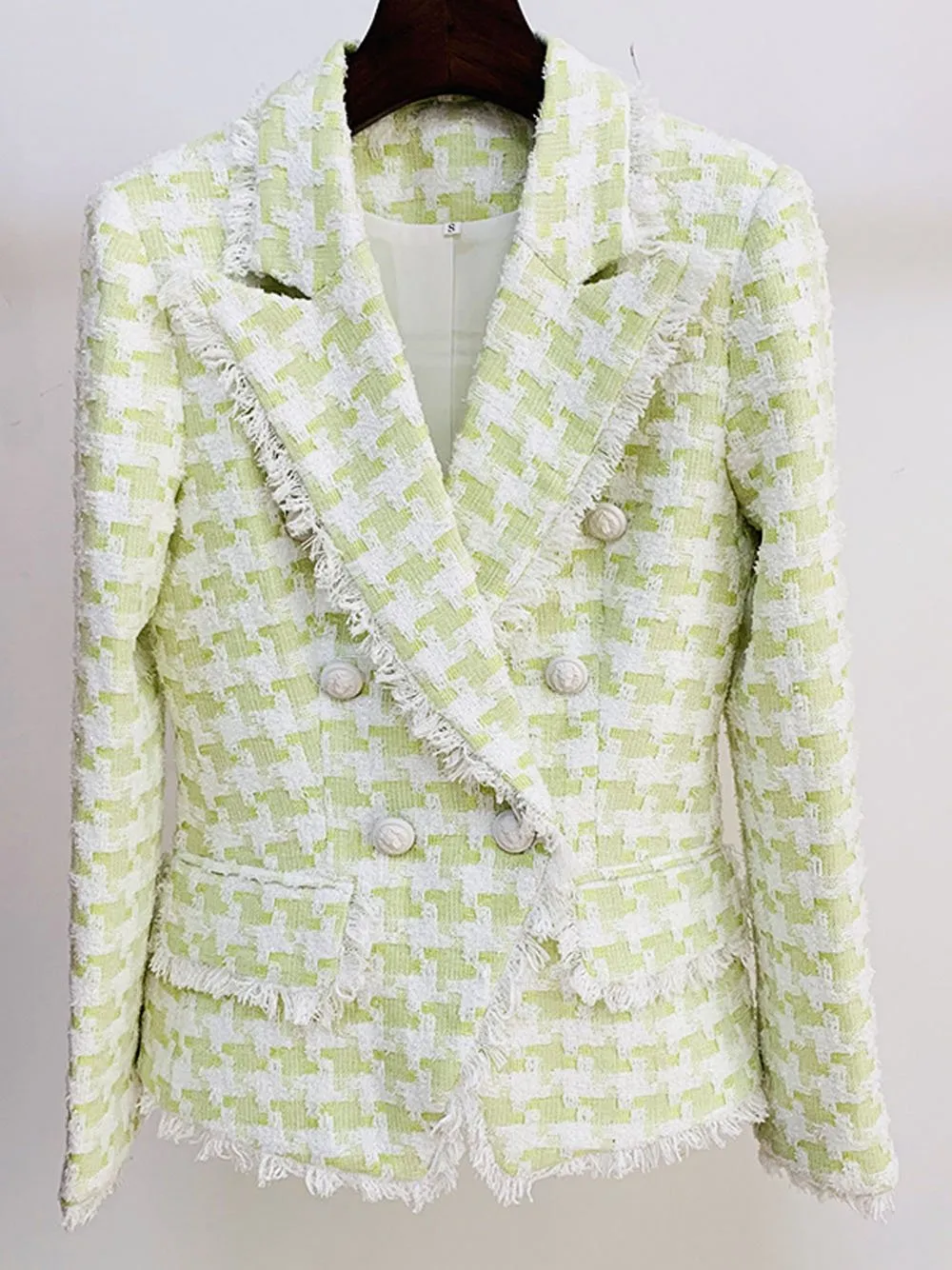 Tassel Fringed Houndstooth Blends Tweed Blazer in Lime