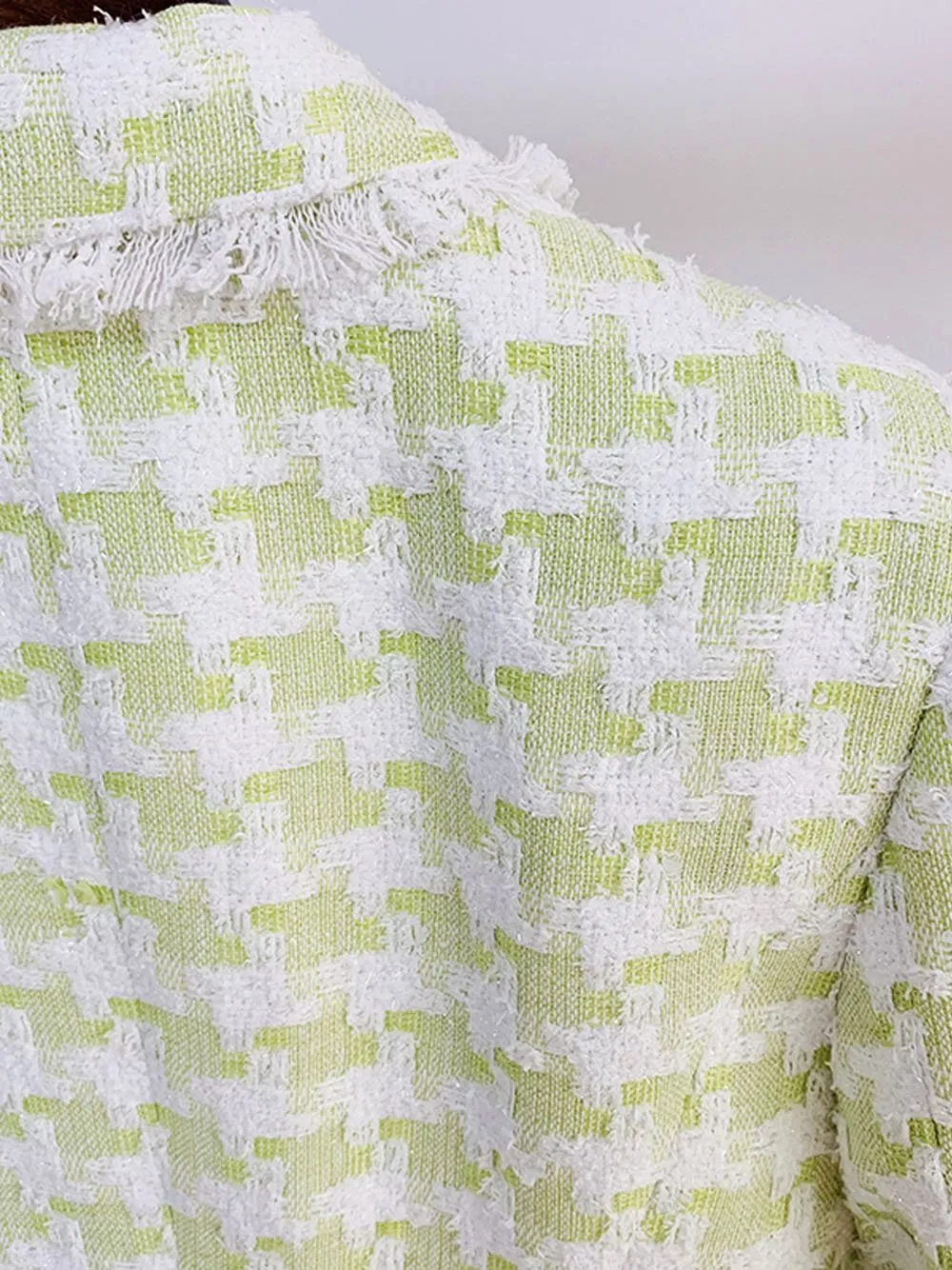 Tassel Fringed Houndstooth Blends Tweed Blazer in Lime