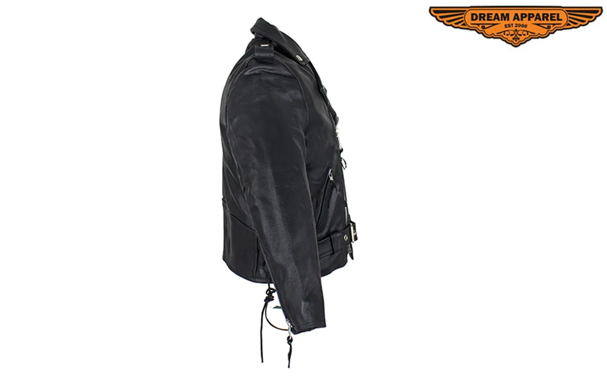 Teens Leather Motorcycle Jacket With Snap Down Collar