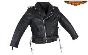 Teens Leather Motorcycle Jacket With Snap Down Collar