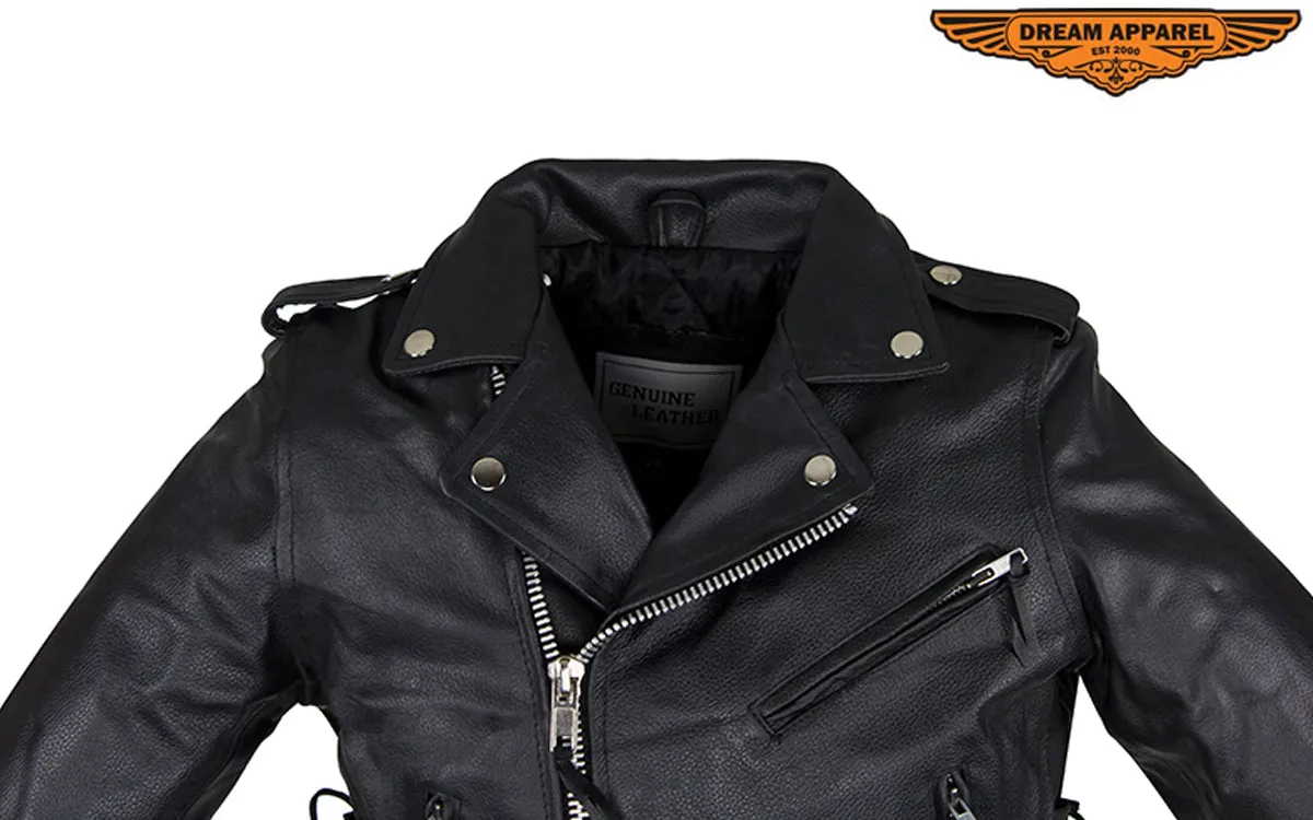 Teens Leather Motorcycle Jacket With Snap Down Collar